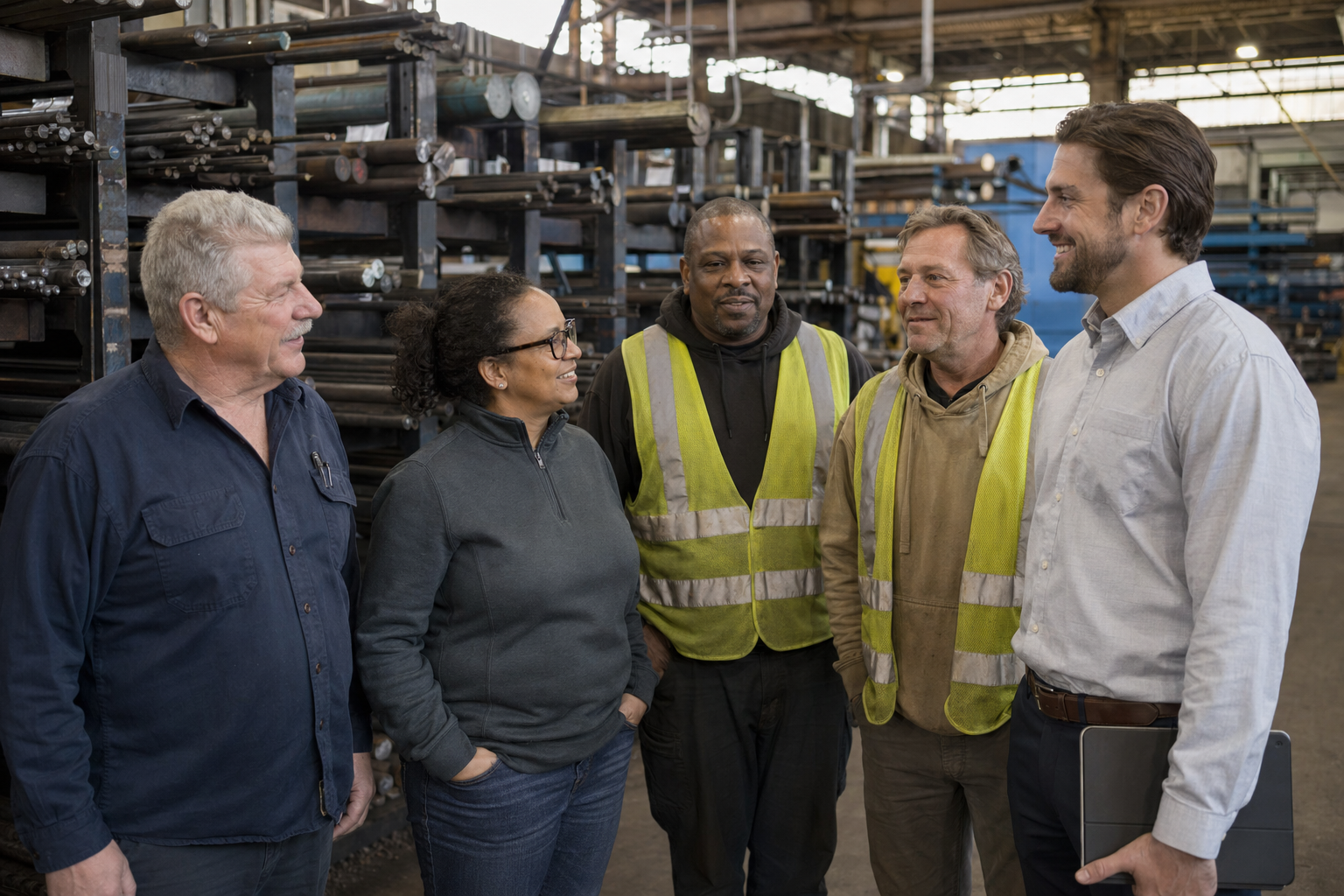 Warehouse staff and sales team near rack.