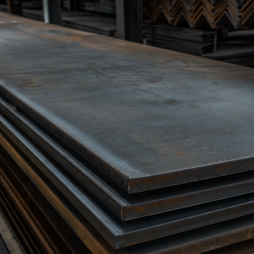 Plate stack and round-bar racks under crane.