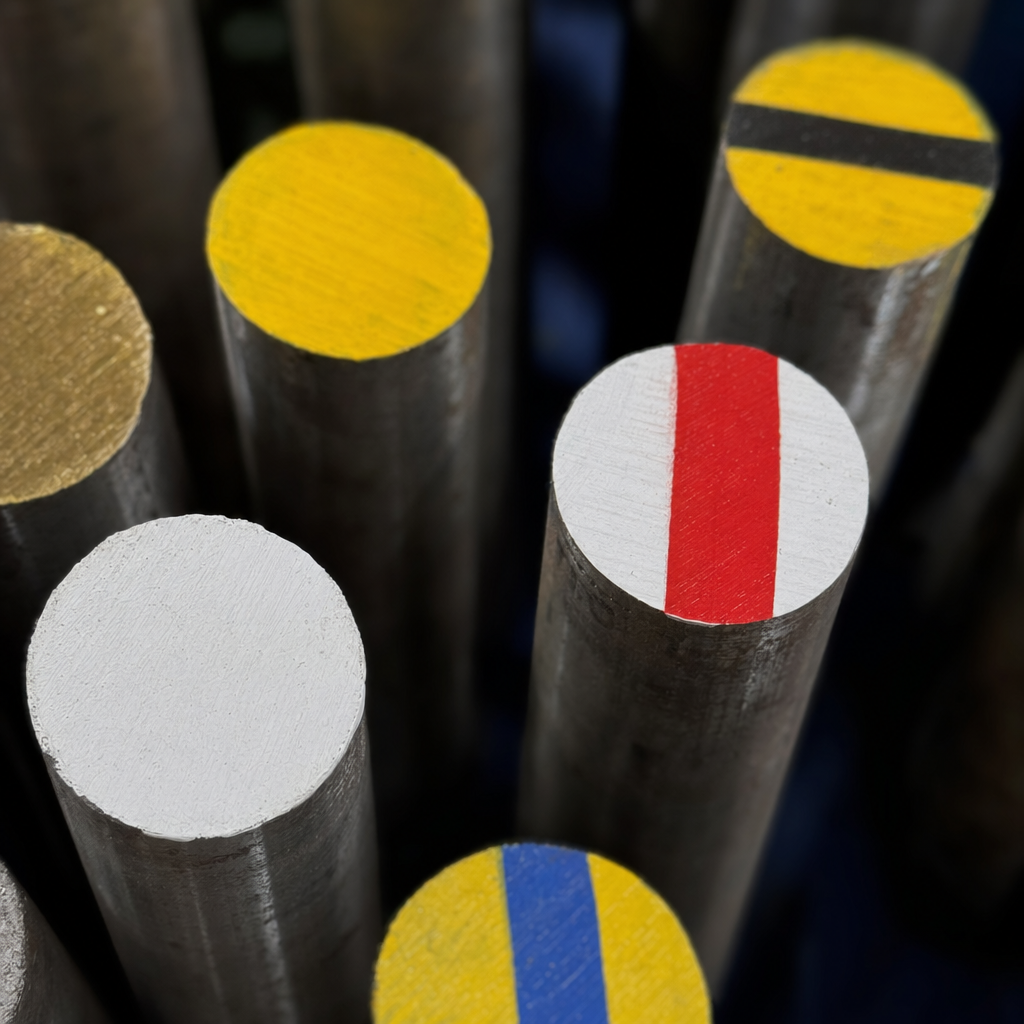 Color-coded painted bar ends in a steel rack.