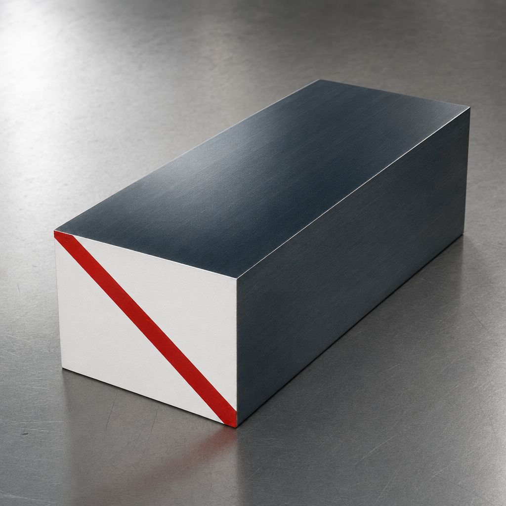 A2 tool-steel block with painted white-with-red color-code end on a workbench.