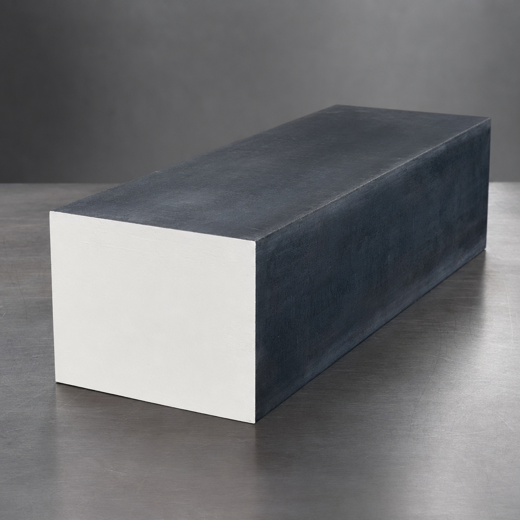 D2 tool-steel block with solid white color-code end on a workbench.