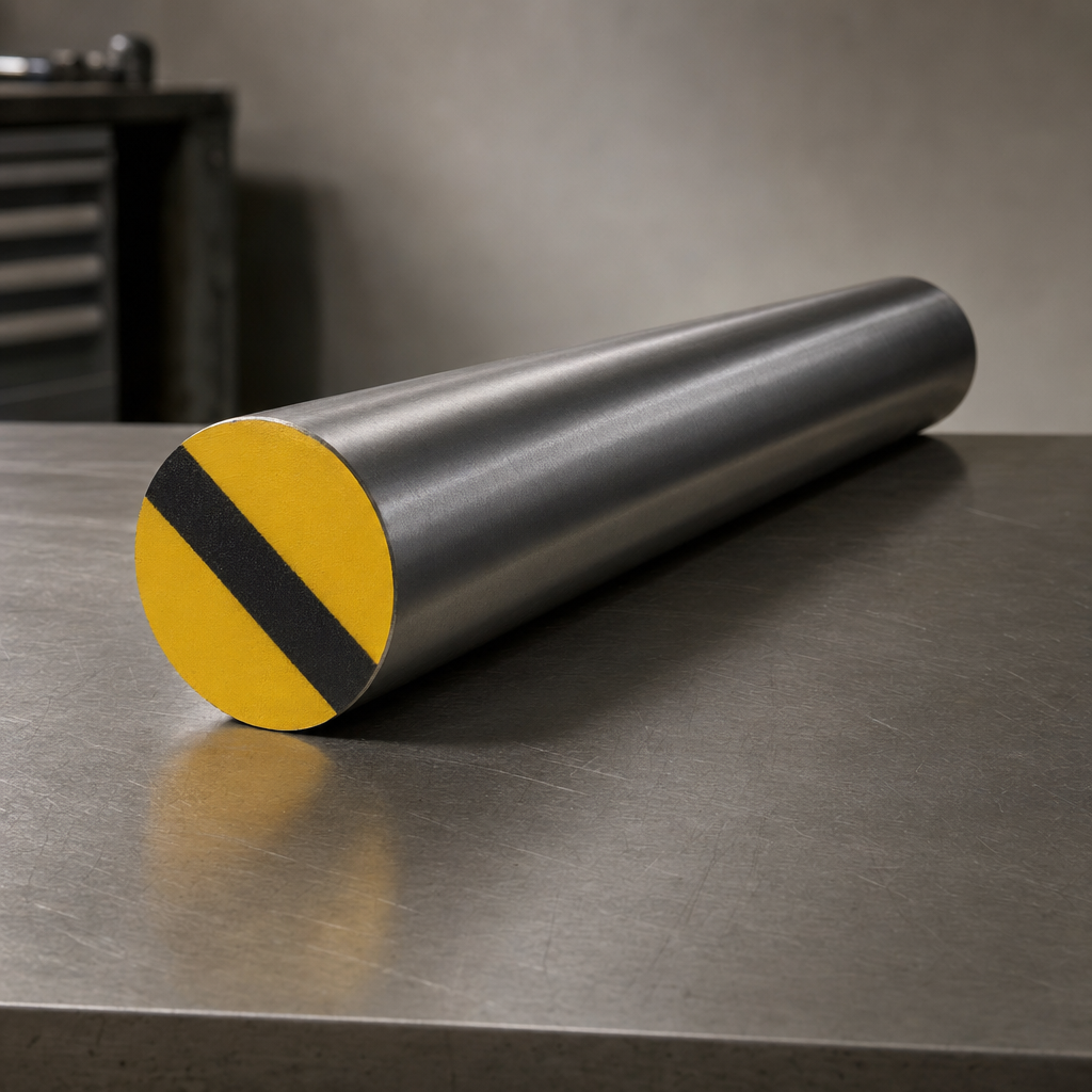 H13 hot-work tool-steel round bar with painted yellow-with-black-stripe color-code end.