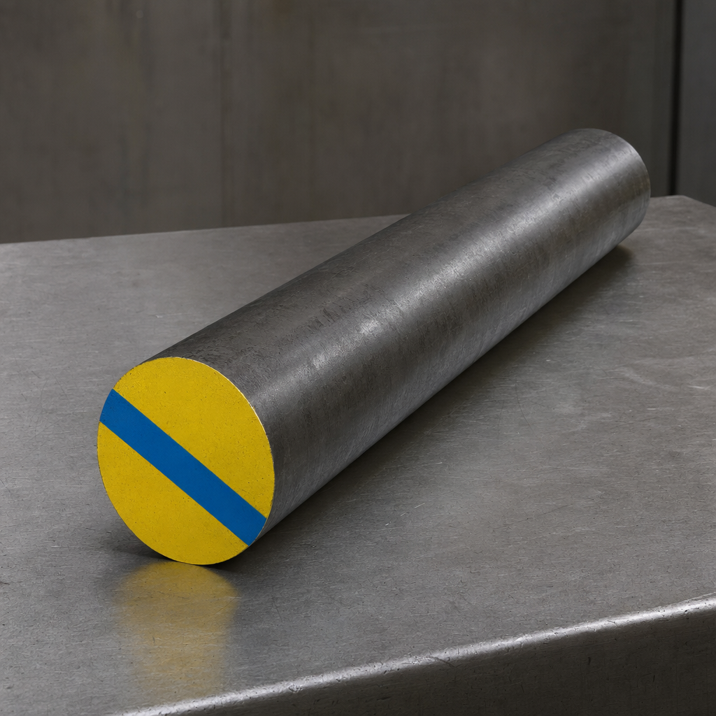 S7 shock-resisting tool steel round bar with painted yellow-with-blue-stripe color-code end.