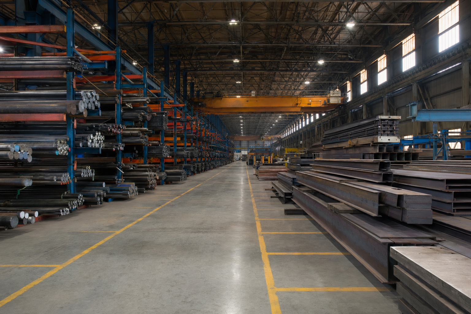 Aerial view of the Chapin & Bangs warehouse with racks of round bar.