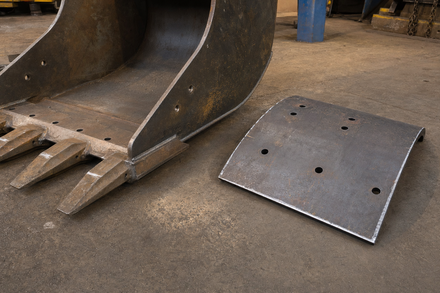 Heavy equipment with steel structural beams.