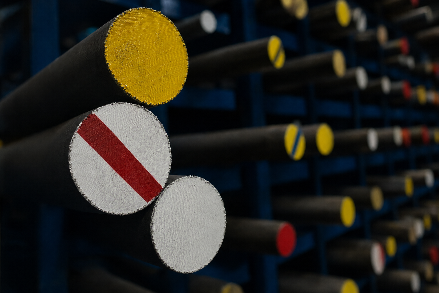 Color-coded bar ends in Lindquist warehouse rack.