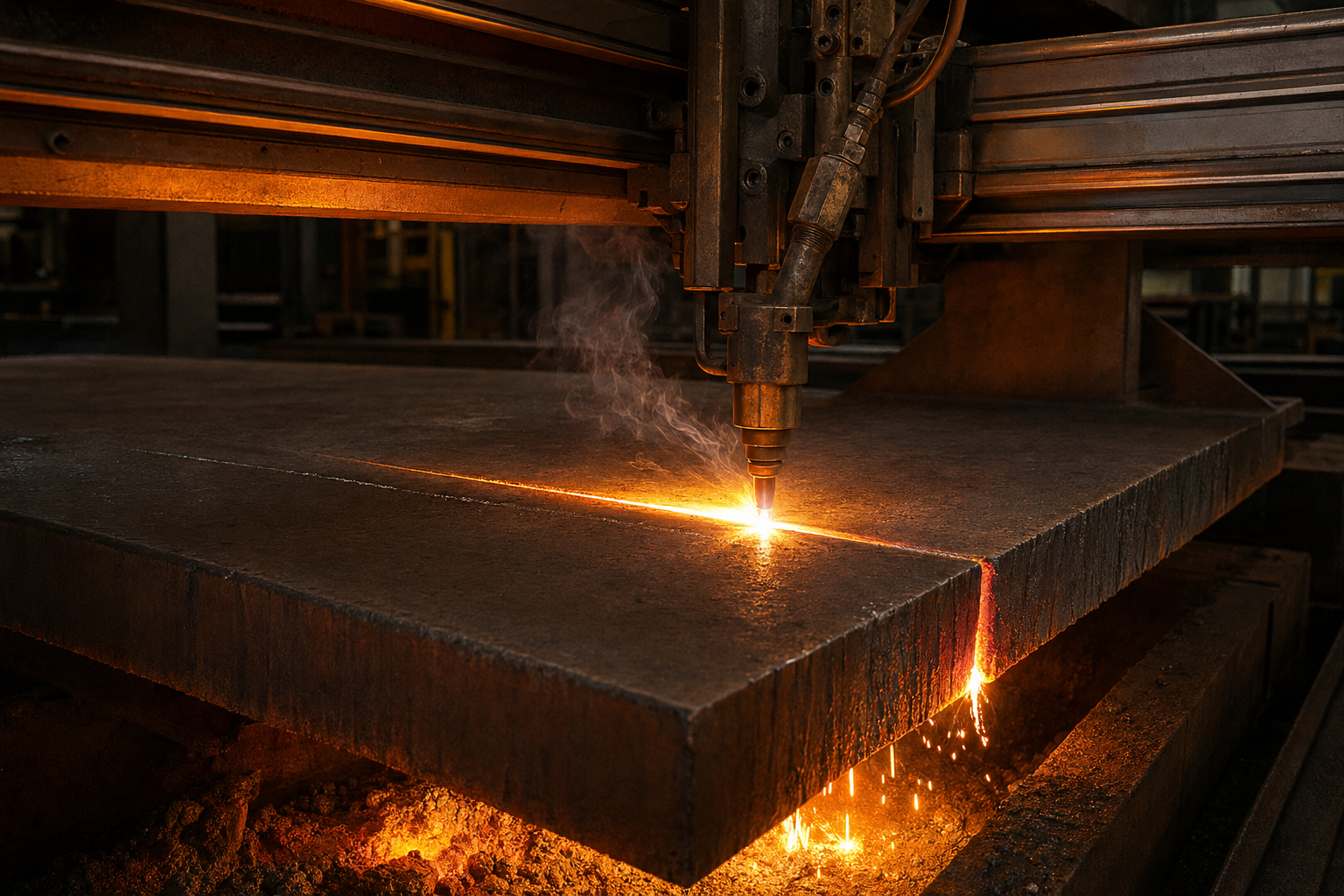 CNC flame cutter on thick plate.