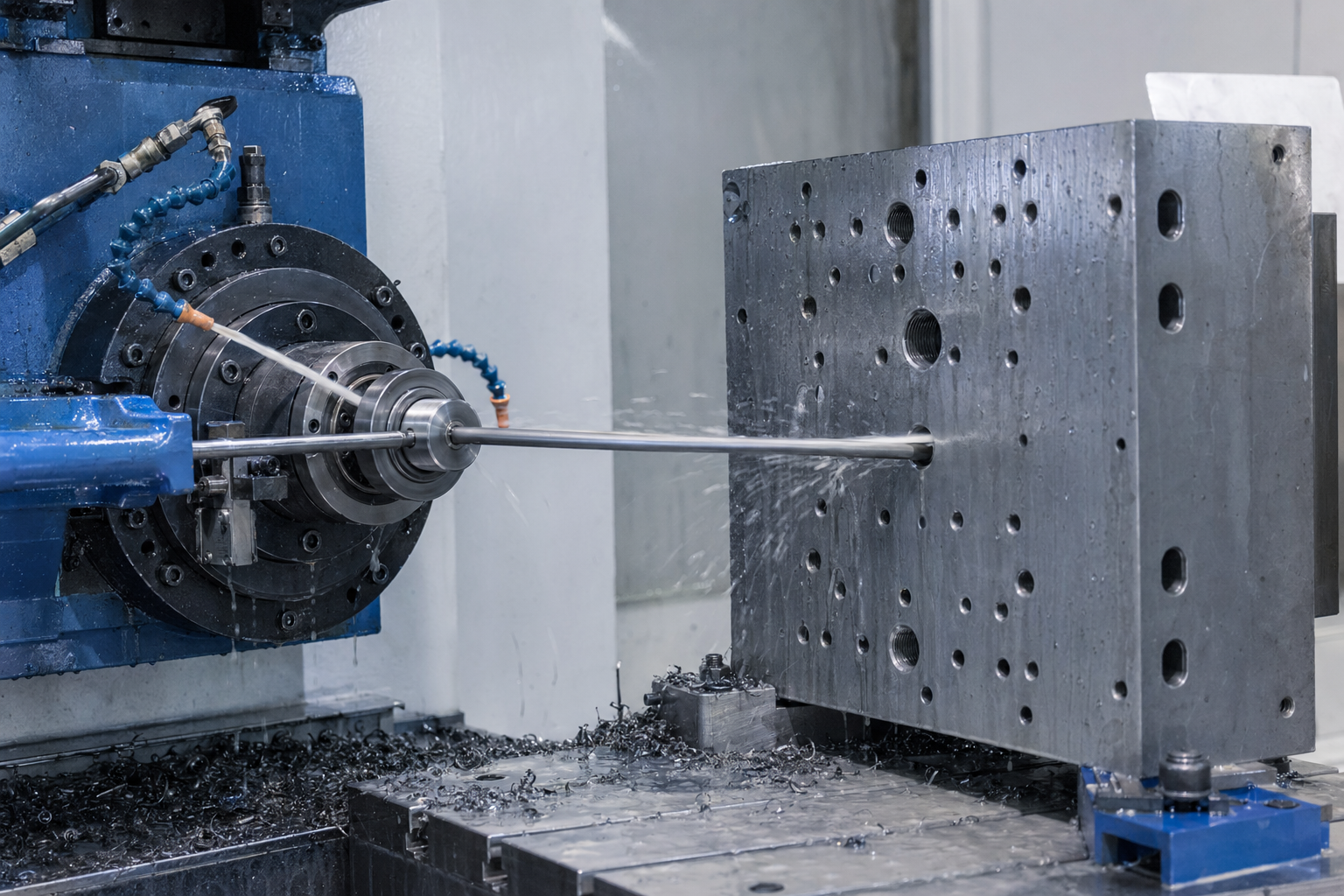 Gun drilling deep cooling channels.