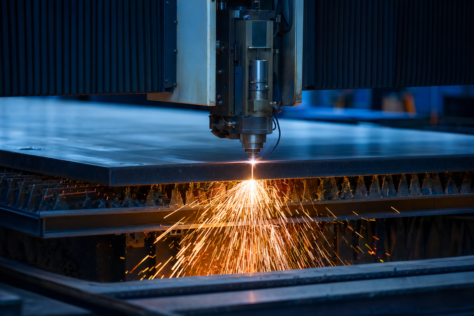 Laser cutting head over steel plate.