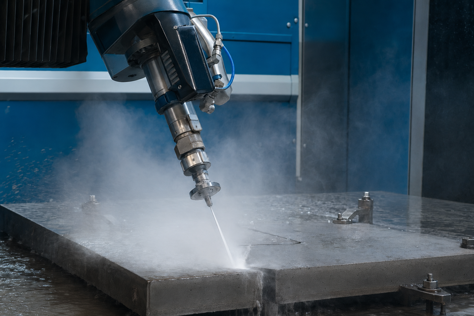 Waterjet cutting head with abrasive plume.